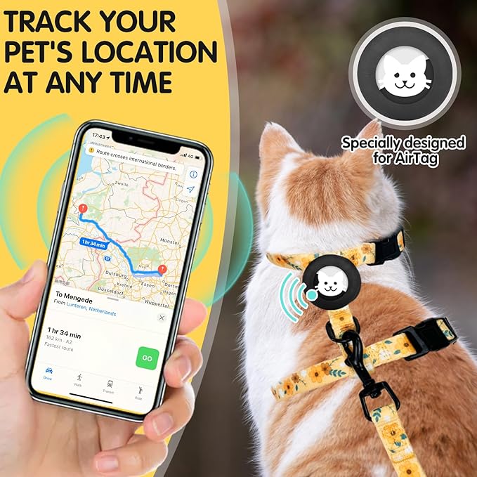 BINGPET Cat Harness with Airtag Holder, Cat Harness and Leash Set Escape Proof for Walking Travel Outdoor, Soft Adjustable Kitten Harnesses for Small Medium Large Cats, Yellow Flower(Chest:12.5"-18")