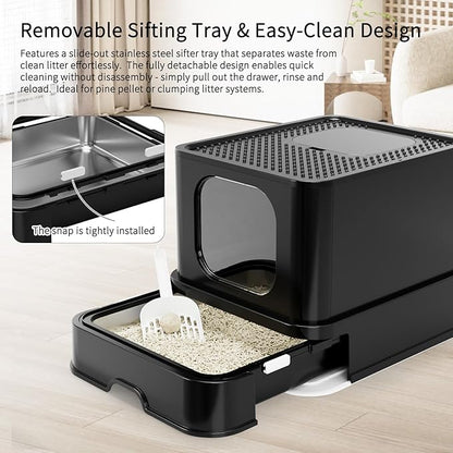 RIZZARI Stainless Steel Cat Box: Spacious Black Enclosed Top-Entry - Teflon Coated Pan Resists Sticking - Reduces Tracking & Odor - Leakproof & Easy to Clean - Fits Large Cats in Living Room Garage