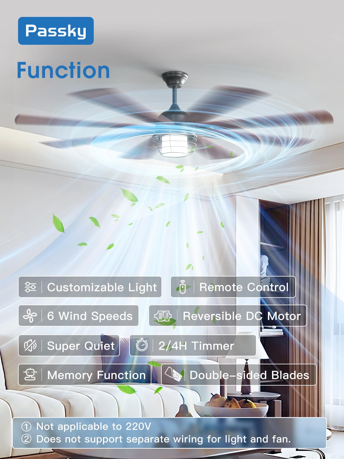 Passky Ceiling Fans With Lights, 72 Inch Black Ceiling Fan With Light And Remote Control, Reversible, Dimmable, 3Cct, Quiet, Cag