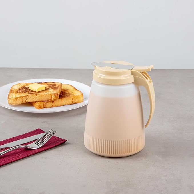 Restaurantware-Chef 101 48 Ounce All Purpose Syrup Dispensers, 10 Honey Dispensers - Beige Top, Stainless Steel Slide Cover, Plastic Pancake Syrup Bottle, Perfect For Diners, Restaurants, Home