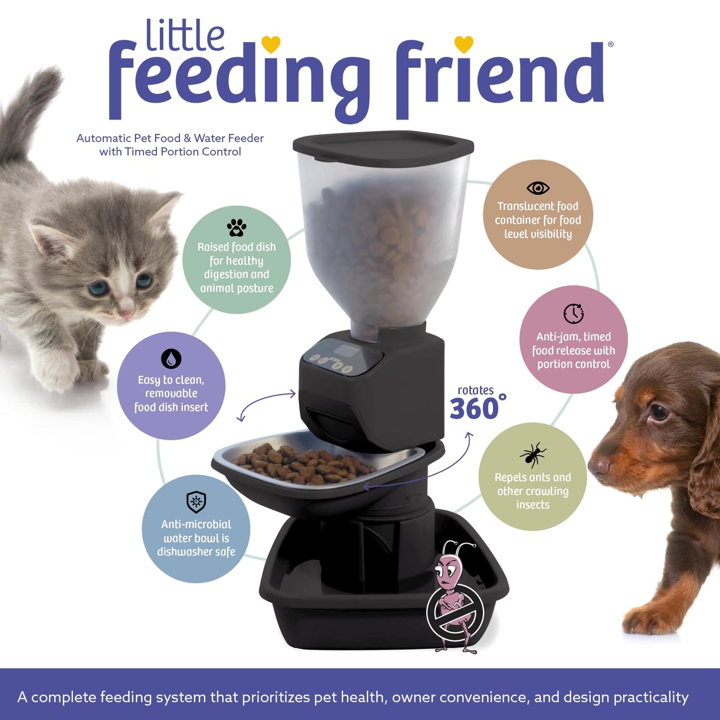 Feeding Friend Automatic Dog & Cat Food Feeder with Water Dispenser – Smart Pet Feeder with Portion Control, OLED Display, Anti Jam Design, Battery Operated Dispenser for Small- (XS) Pets - Black