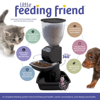 Feeding Friend Automatic Dog & Cat Food Feeder with Water Dispenser – Smart Pet Feeder with Portion Control, OLED Display, Anti Jam Design, Battery Operated Dispenser for Small- (XS) Pets - Black