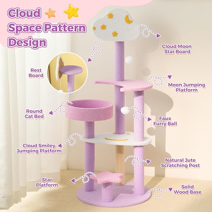 Moon Star Cat Tree, 47 in Tall Cat Cloud Tower with Cattery Sisal Scratching Post, Pink Purple Kittie Condo Cozy Fluffy 3 Pillars Kitten Tree for Small Meduim Cats Climbing Indoor Activity