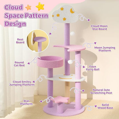 Moon Star Cat Tree, 47 in Tall Cat Cloud Tower with Cattery Sisal Scratching Post, Pink Purple Kittie Condo Cozy Fluffy 3 Pillars Kitten Tree for Small Meduim Cats Climbing Indoor Activity