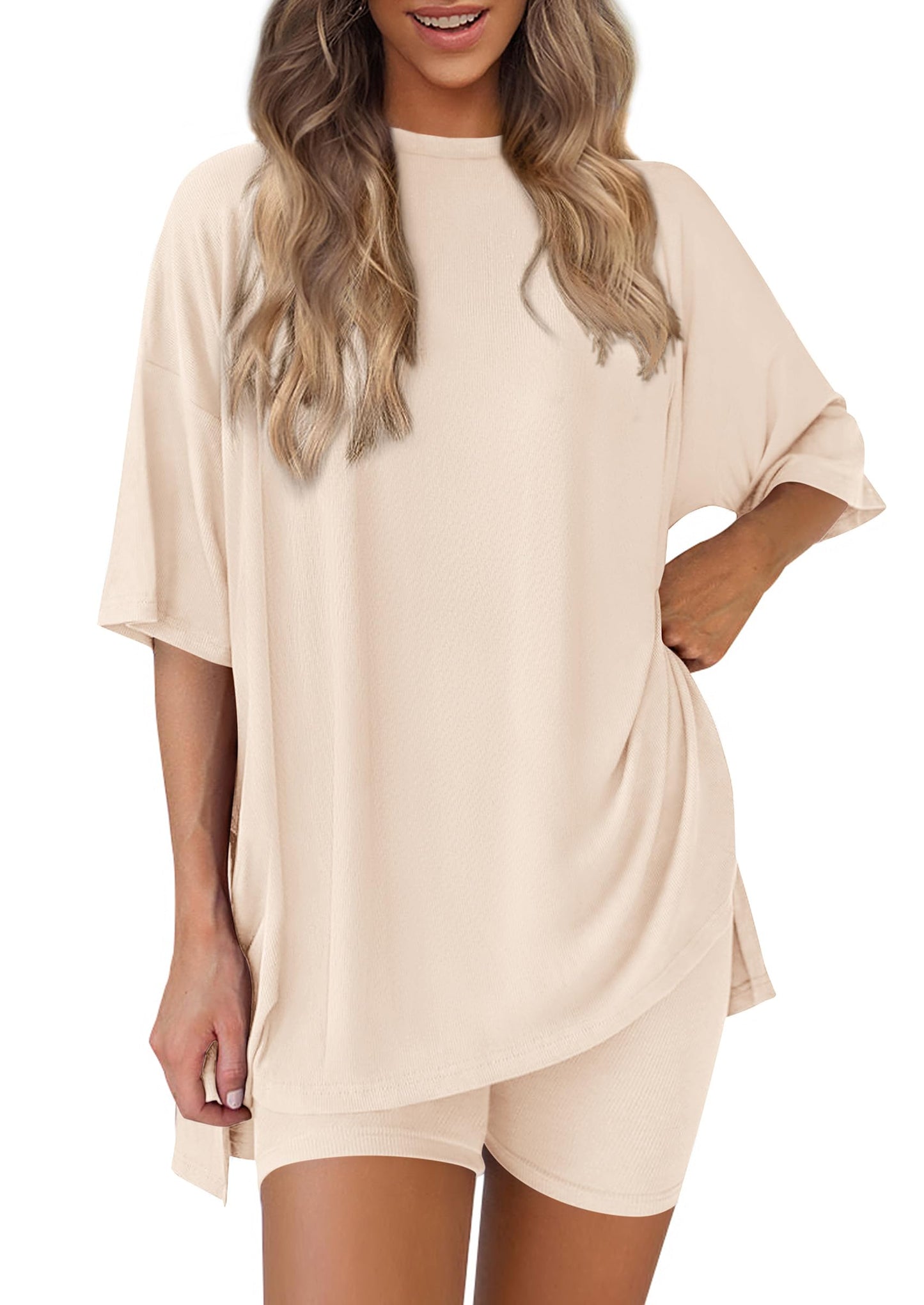 PRETTYGARDEN Women's Two Piece Lounge Set 2025 Summer Casual Oversized Shirts Biker Shorts Matching Airport Travel Outfit