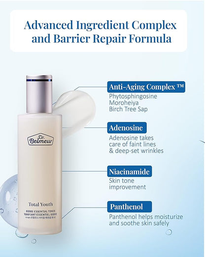Dr. Belmeur Total Youth Biome (Skincare Set, 12.2fl oz) - Premium Total Age-Defying Toner + Emulsion Set for Wrinkles, Elasticity, Hydration & Skin Tone. Korean Skin Care by LG Beauty. Collagen,