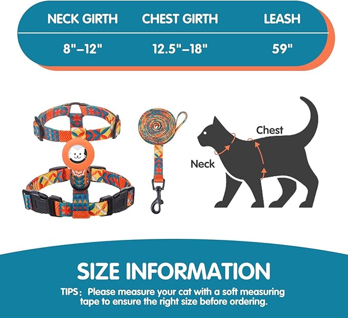 BINGPET Cat Harness with Airtag Holder, Cat Harness and Leash Set Escape Proof for Walking Travel Outdoor, Soft Adjustable Kitten Harnesses for Small Medium Large Cats, Orange(Chest:12.5"-18")