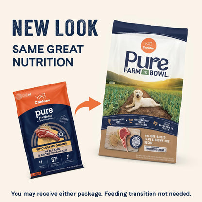 CANIDAE Pure Farm to Bowl Pasture-Raised Lamb & Brown Rice Dog Food, Adult Dog Food, 4lb
