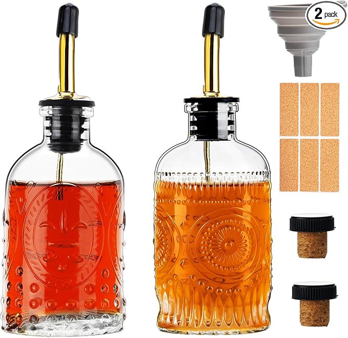 Glass Coffee Syrup Dispenser Bottles Set 2 Pack 7 OZ, Simple Syrup Bottles with Metal Pour Spout, Syrup Dispenser for Coffee Bar Accessories for Maple Honey Syrup Oil and Sauces