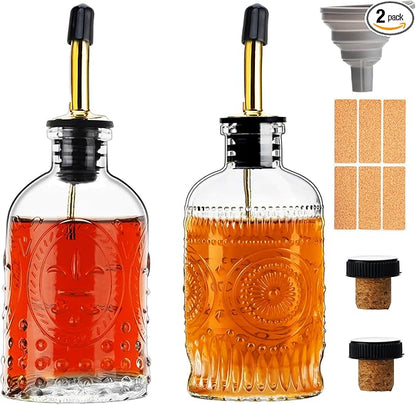 Glass Coffee Syrup Dispenser Bottles Set 2 Pack 7 OZ, Simple Syrup Bottles with Metal Pour Spout, Syrup Dispenser for Coffee Bar Accessories for Maple Honey Syrup Oil and Sauces