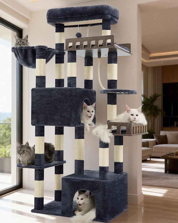 Maine Coon Cat Tree, Heavy Duty Cat Tree for Indoor Cats Large Adult, Cat Tower for Large Cats 20 lbs+ with Hammock, 2 Big Perches, 2 Cat Condos, 15 Scratching Posts, Smoky Gray GCT033G