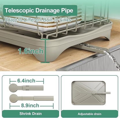 Dish Drying Rack, 2-Tier Dish Drying Rack with Utensil Holder – Large Capacity Auto-Draining Dish Drainer with Drainboard for Kitchen Counter, Grey