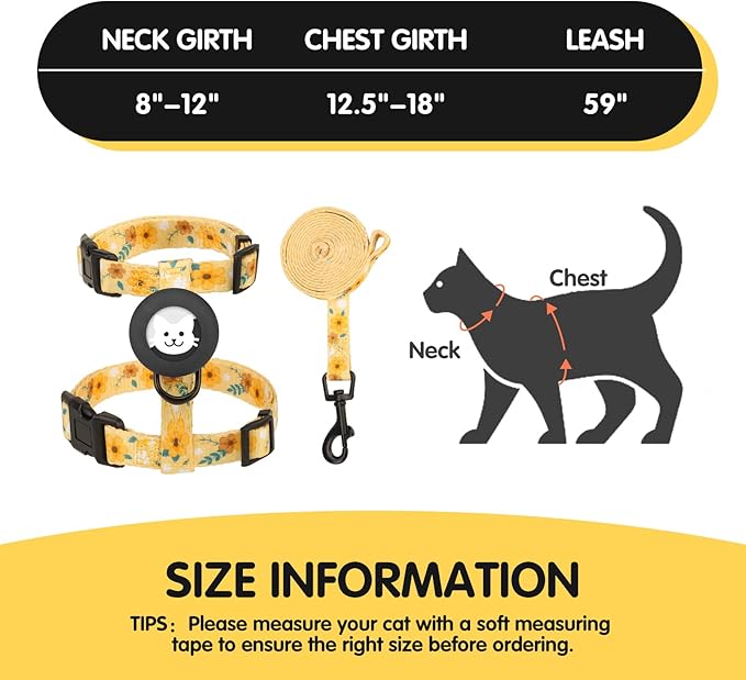 BINGPET Cat Harness with Airtag Holder, Cat Harness and Leash Set Escape Proof for Walking Travel Outdoor, Soft Adjustable Kitten Harnesses for Small Medium Large Cats, Yellow Flower(Chest:12.5"-18")