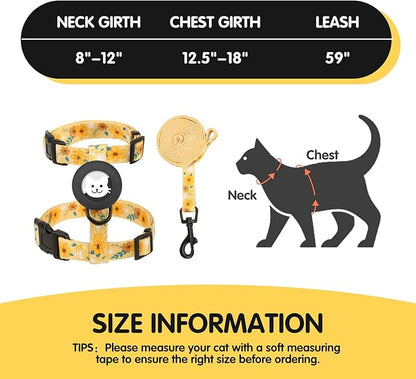 BINGPET Cat Harness with Airtag Holder, Cat Harness and Leash Set Escape Proof for Walking Travel Outdoor, Soft Adjustable Kitten Harnesses for Small Medium Large Cats, Yellow Flower(Chest:12.5"-18")