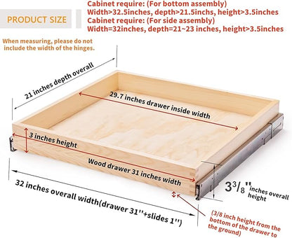 32''W x 21''D x 3''H Pull Out Cabinet Drawer Soft Close Slide Out Wood Organizer for Kitchen, Finished, Bottom and Side Assembly (Wood Drawer Part Width is 31inch)