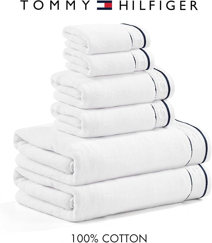 Tommy Hilfiger - Bath Towels, 100% Soft & Absorbent Plush Cotton with Zero Twist Constructions, Quick Dry and Medium Weight Bathroom Towels (Legacy White, 6 Piece)