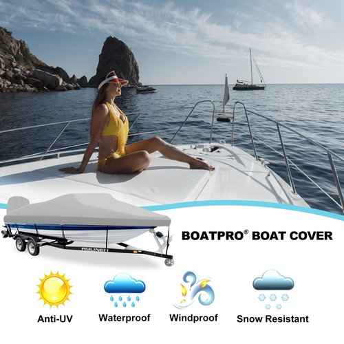 Boatpro Trailerable Boat Cover 14-16ft with Outboard Motor Cover, 900D Marine Canvas Waterproof Heavy Duty Boat Covers for 14 feet 15ft 16' Foot V-Hull Bass Boat Tri-Hull Runabout Boat, Silver