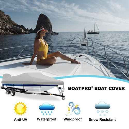 Boatpro Trailerable Boat Cover 14-16ft with Outboard Motor Cover, 900D Marine Canvas Waterproof Heavy Duty Boat Covers for 14 feet 15ft 16' Foot V-Hull Bass Boat Tri-Hull Runabout Boat, Silver