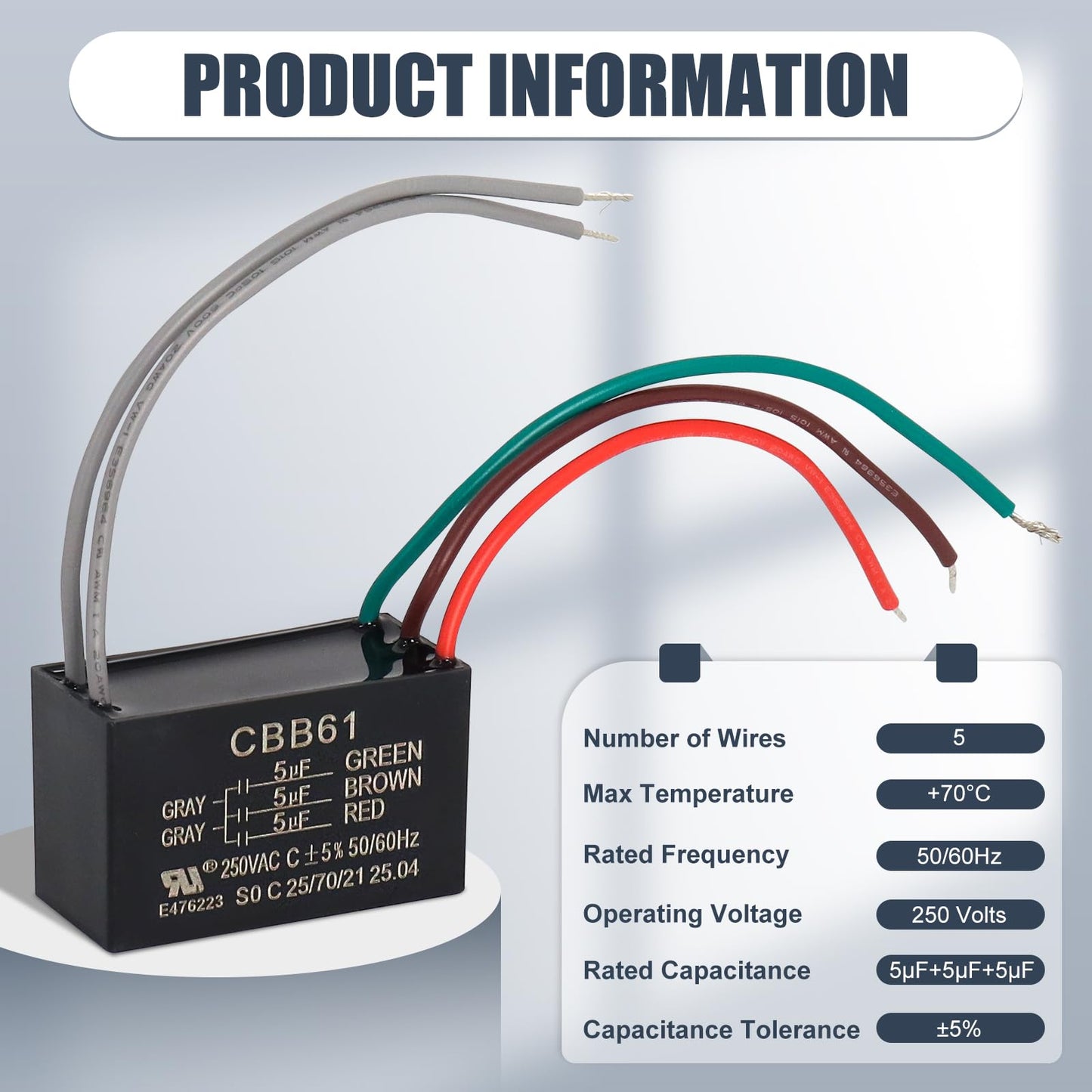 Wadoy Cbb61 5 Wire Ceiling Fan Capacitor Compatible With New Tech 5+5+5Uf 50/60Hz 250Vac