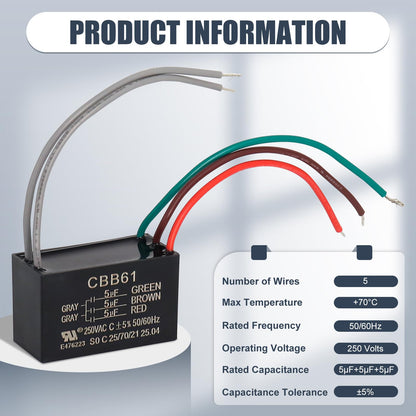 Wadoy Cbb61 5 Wire Ceiling Fan Capacitor Compatible With New Tech 5+5+5Uf 50/60Hz 250Vac