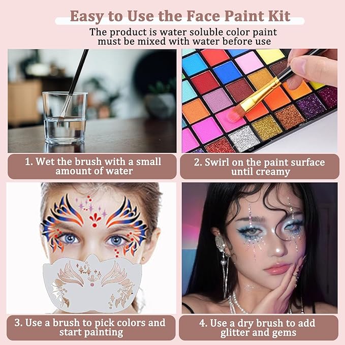 54 Color Face Painting Kit for Kids, Non Toxic Water Activated Face Paint kit Professional Palette with Multiple Facepaint Makeup Tools for Halloween, Carnival, Party, Creative Activities