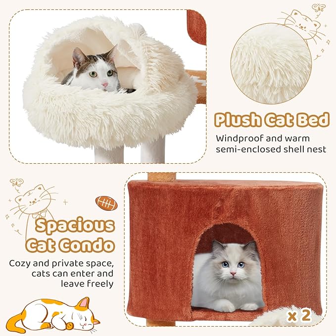 Erinnyees Cat Tree with Football Design, 74 Inches Cat Tower, Cozy Cat Cave Bed for Indoor Cats, 2 Cat Spacious Condos with Sisal Scratching Post, 5 Perches, Hammock and 2 Pompoms
