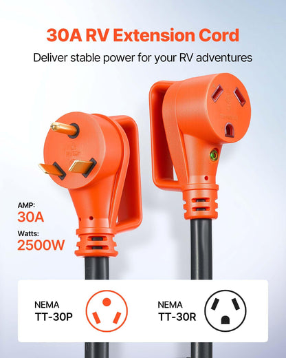 Vevor 75 Ft Rv Extension Cord, 30 Amp, 125V 2500W Heavy Duty Stw 10/3 Gauge Wire, Nema Tt-30P Male Nema Tt-30R Female Plug, With