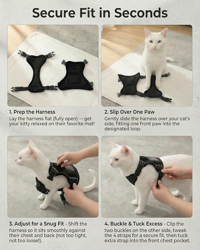 Luxelle Escape-Proof Cat Harness and Leash Set – Adjustable No Pull Soft Vest with 360° Reflective Straps, Built-in Pocket & Wrist Strap, Breathable Mesh Outdoor Harness for Cats & Kittens