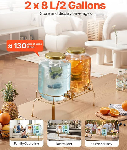 VEVOR Beverage Dispenser, 2 Pack 2 Gallon Drink Dispensers for Parties, Glass Juice Dispenser with Metal Stand, Stainless Steel Spigot, Infuser, Iced Tea Lemonade Juice Water Dispensers for Parties