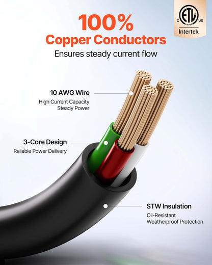Vevor 75 Ft Rv Extension Cord, 30 Amp, 125V 2500W Heavy Duty Stw 10/3 Gauge Wire, Nema Tt-30P Male Nema Tt-30R Female Plug, With