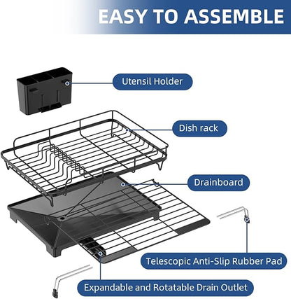 Extendable Dish Racks 16.3"-21.6" L x 16.7" W,Stainless Steel Dish Drying Rack for Kitchien Counter, Anti-Rust Dish Strainer with Cutlery Holde