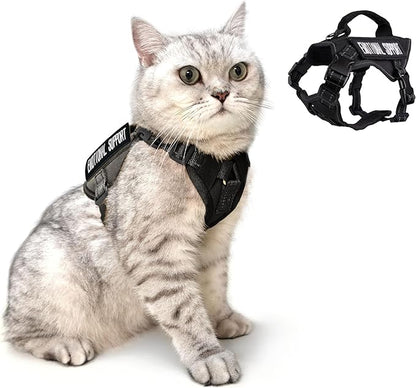 Tactical Cat Harness Black for Walking Esacpe Proof,Adjustable Soft Mesh Large Cat Vest with Rubber Handle Easy to Control,Molle Patches XL