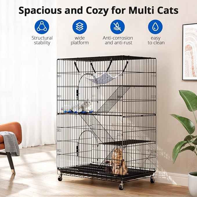 PawGiant 4-Tier Large Cat Cage Playpen, 51-inch Indoor/Outdoor Enclosure with 2 Doors, Hammock, Suitable for Cats, Kittens, and Small Animals