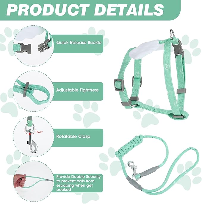Cat Harness and Leash for Walking Escape Proof Adjustable Soft Harnesses and Leash Set Easy to Wear Kitten Harness for Travel Training and Walking(Green)