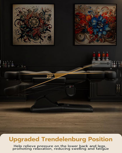 Paddie 360° Swivel Fully Electric Tattoo Chair 4 Motor with 20° Backward Tilt, Motorized Height & Angle Adjustable Massage Table Professional 660lbs, Headrest & Footrest Length Adjustable