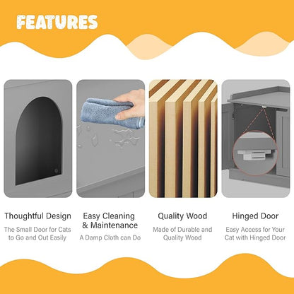 Zeny Cat Litter Box Enclosure Cabinet, Hidden Litter Box Furniture, Modern Wooden Washroom Storage Bench with Divider, Fits Most, Gray
