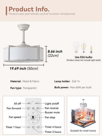 Ymkskj 20 White Fandelier Ceiling Fans With Lights, Boho Rattan Ceiling Fan With Light Remote Control, Caged Mid-Century Modern