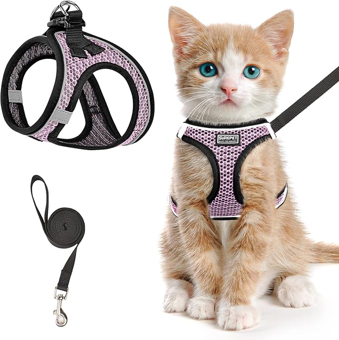 Cat Harness and Leash for Walking Escape Proof, Adjustable Kitten Vest Harness Reflective Soft Mesh Puppy Harness for Outdoor, Comfort Fit, Easy to Control (Lpink, S)