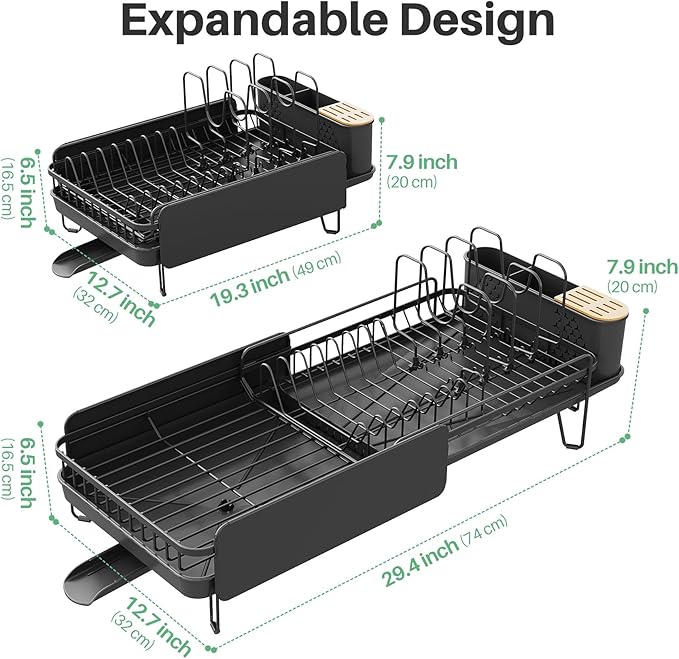 SNTD Large Dish Drying Rack - Expandable (19.3" to 29.4") Dish Rack for Kitchen Counter, Stainless Steel Dish Drainer with Utensil Holder, Pan Holder & Pot Lid Holder, Black