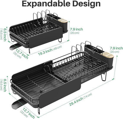 SNTD Large Dish Drying Rack - Expandable (19.3" to 29.4") Dish Rack for Kitchen Counter, Stainless Steel Dish Drainer with Utensil Holder, Pan Holder & Pot Lid Holder, Black
