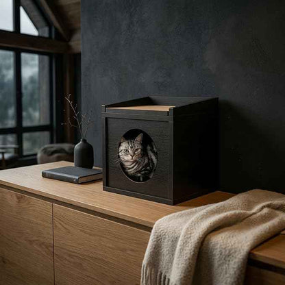 Meowdium Cat House – Cat Condo with Cardboard Scratcher, Scratching Post, Bed & Toy Storage, Cozy Cat Furniture & Accessories for Indoor Cats, Blackwood