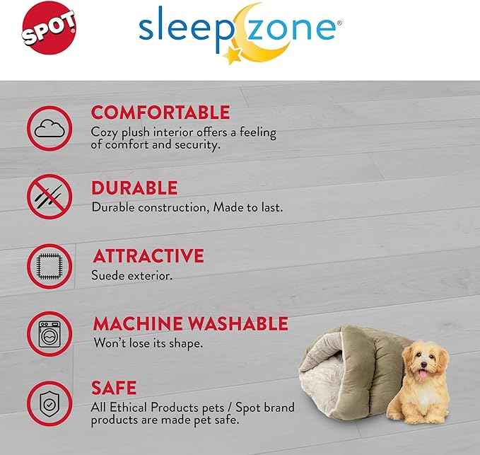SPOT Sleep Zone Cuddle Cave, Cat Cave Bed for Indoor Cats and Mini Dogs, Durable and Washable, Comfortable for Kittens and Puppies Under 10lbs and 12in Long, Tan Color