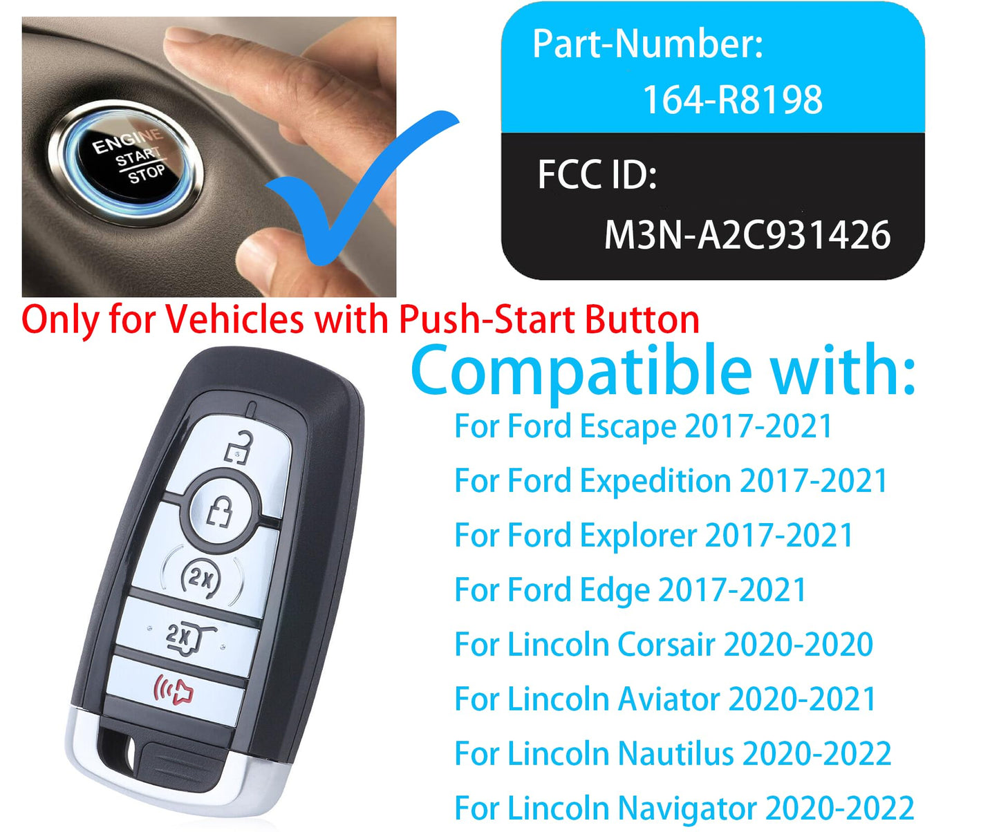 Smart Key For Ford Suv, Alliskeys Proximity Remote Control Key Fob Replacement For Ford Suv 2018-2020, Lincoln Corsair Nautilus