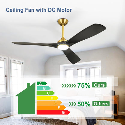 Bvenubiglite Modern Ceiling Fan With Light: Black And Gold Ceiling Fans With Remote And Smart App Control 3 Blades - 52 Inch Cei