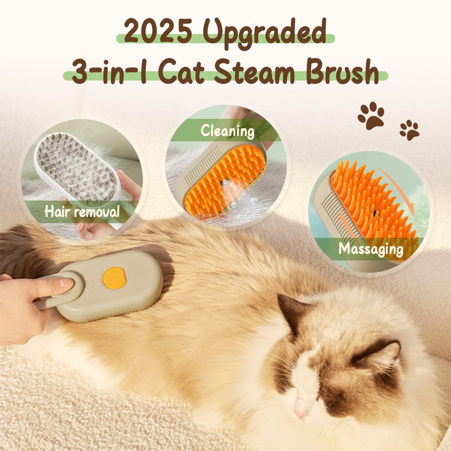 Upgrade Cat Steam Brush, 3 in 1 Pet Steam Groomer Brush, Rechargeable Pet Steam Groomer Comb for Massaging and Cleaning Shedding Pets Hair, Anti-Static Hair Removal Comb for Cats Dogs (White)