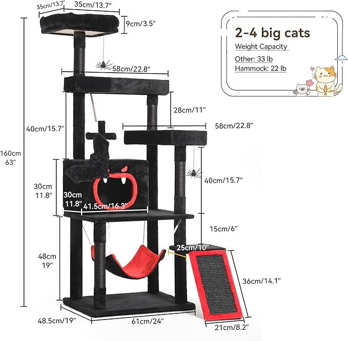 YITAHOME Gothic Cat Tree with Coffin Bed, 63" Tall Cat Tower for Indoor Cats with Top Perch, Spacious Cat Condos, Spider Hanging Balls,Comfy Hammock, Scratching Post and Ladder, Black Halloween