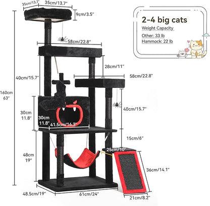 YITAHOME Gothic Cat Tree with Coffin Bed, 63" Tall Cat Tower for Indoor Cats with Top Perch, Spacious Cat Condos, Spider Hanging Balls,Comfy Hammock, Scratching Post and Ladder, Black Halloween