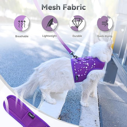 Cat Harness and Leash for Walking Escape Proof Breathable Mesh Fabric, Purple, Medium, Adjustable Cat Walking Jackets with DIY Beads, Padded Stylish Cat Vest