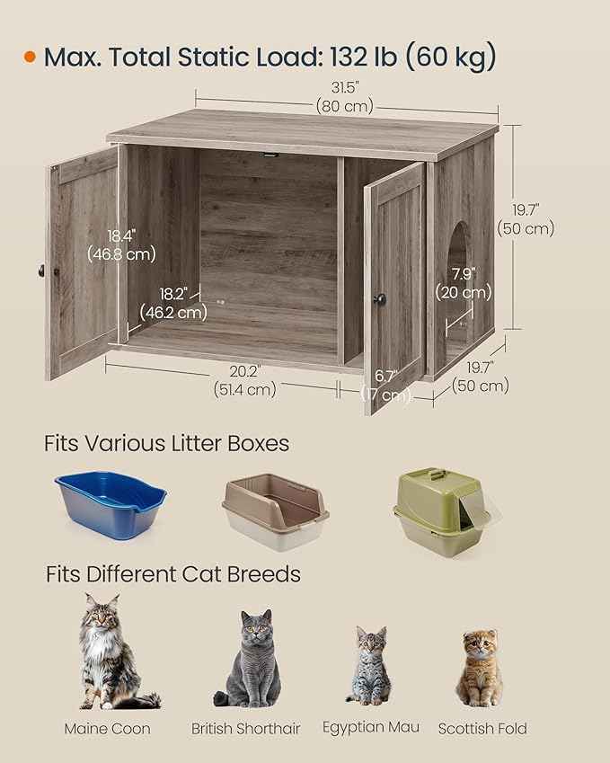 SONGMICS Home Litter Box Enclosure, Superfast Toolless Assembly, Cat Litter Box Furniture, Push-to-Open Doors, Indoor Cat House, Greige UPCL233LK02S