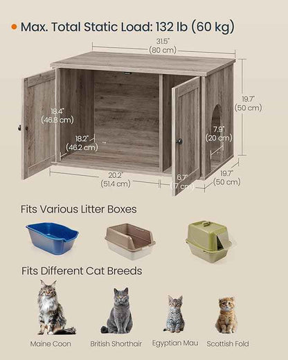 SONGMICS Home Litter Box Enclosure, Superfast Toolless Assembly, Cat Litter Box Furniture, Push-to-Open Doors, Indoor Cat House, Greige UPCL233LK02S